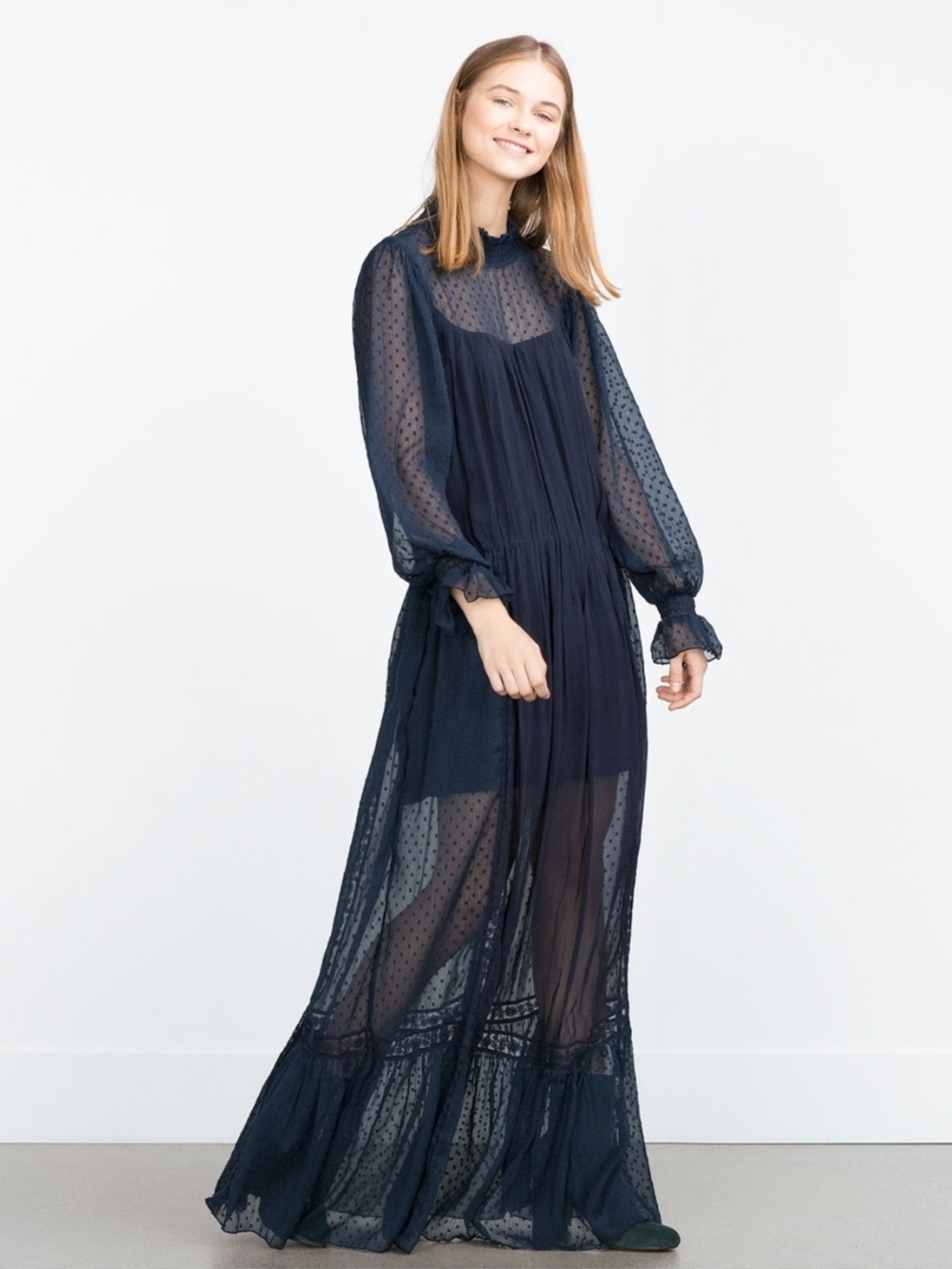 Zara Navy Sheer Polka-Dot Maxi Dress with Bishop Sleeves